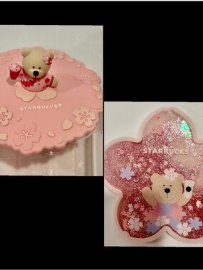 Starbucks Sakura Bearista Bear silicone mug lid and liquid glitter coaster / NEW